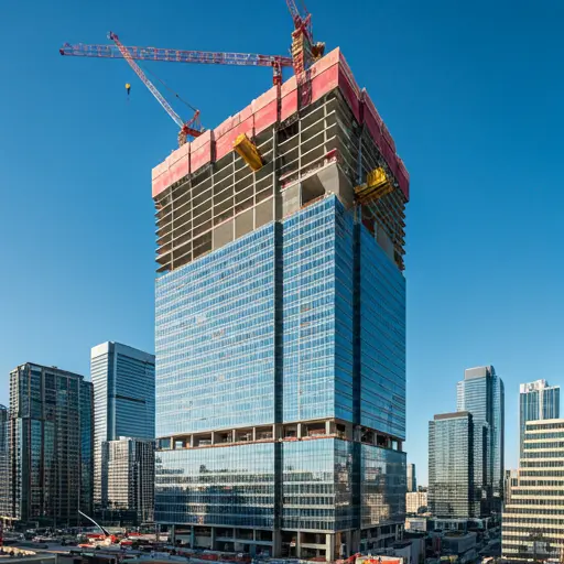Wide shot of a large scale skyscraper construction site in Canada
